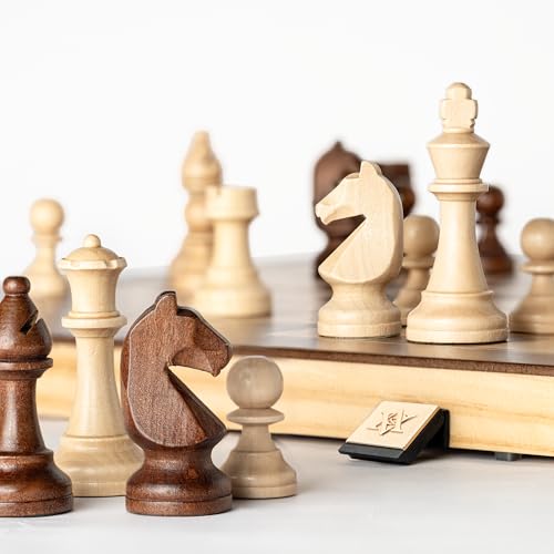 Jeu d'échecs magnétique pliable en bois A&A - 38,1 cm, pièces Staunton 7,6 cm, boîte en pin avec incrustation noyer/érable