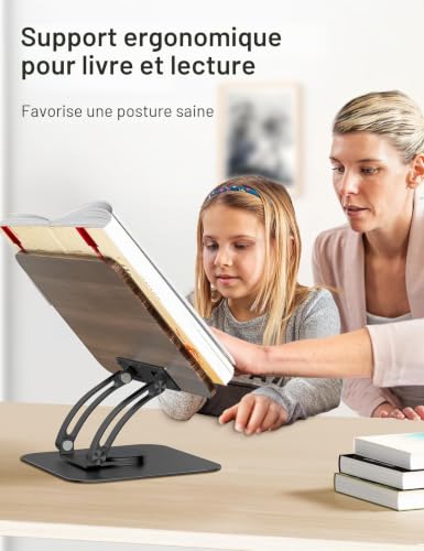 Tounee Support de Livre Réglable avec Rotation 360° - Idéal pour Livres de Recettes et Lecture Mains Libres