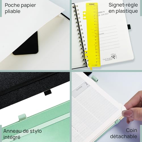 Agenda Semainier POPRUN A5 2026-2027 : Planificateur Vertical Scolaire 17 Mois, Couverture Rigide, Spirale, Règle-Signet, Papier 80g/m², Bleu Marine