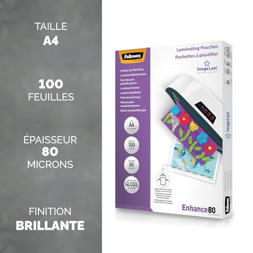 Fellowes Pochette de Plastification A4 80 microns - Pack de 100 Feuilles Plastifieuse - Finition Brillante Haute Qualité