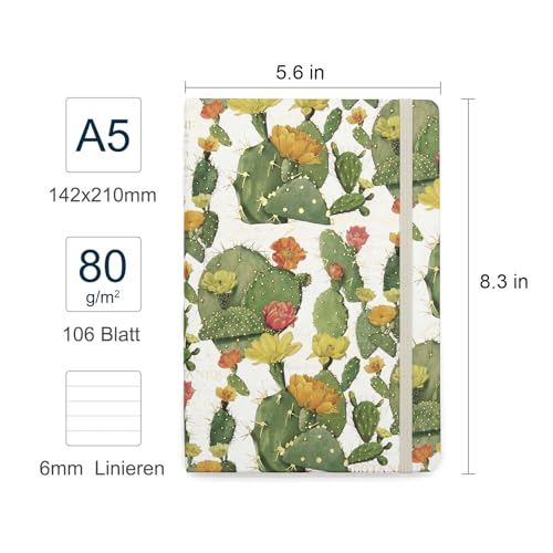 Carnet A5 Rigide Série Florence & Provence - 106 Pages Lignées, Fermeture Élastique, Pochette Arrière - Cactus Design