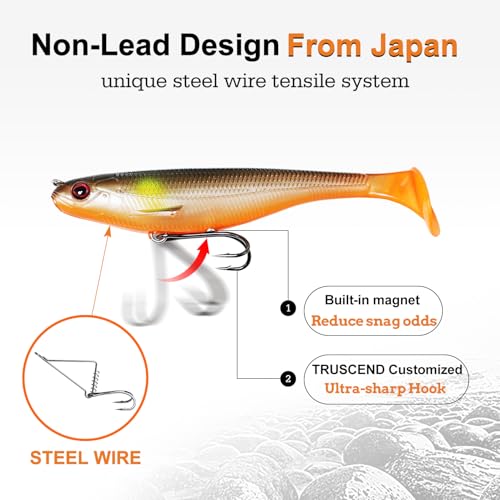 TRUSCEND Leurres de Pêche Souples Shadtale : Vibrations Optimisées pour Plus de Touches, Idéal pour Bars, Brochets, Truites et Silures