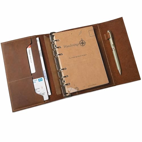 Classeur Agenda A5 en Cuir Véritable - Journal Rechargeable 6 Anneaux avec Poches, Style Filofax, Idéal pour Professionnels et Créatifs