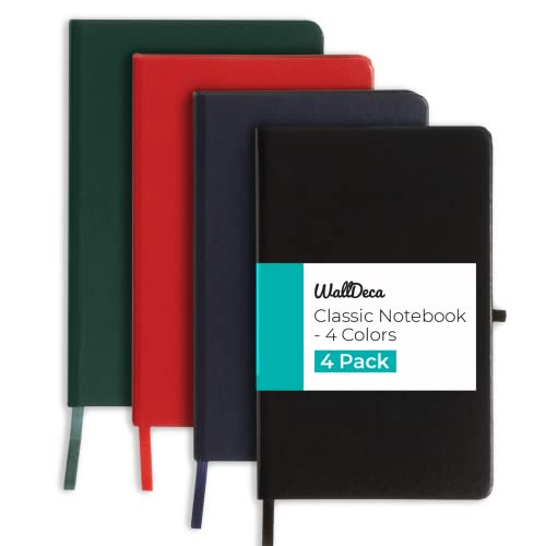 Carnet de Notes A5 WallDeca - Lot de 4 Cahiers Lignés, Couverture Rigide, Idéal pour Prise de Notes, Journaling et Projets - Noir, Vert, Rouge, Bleu
