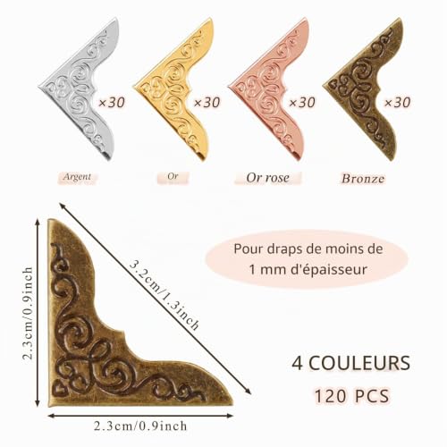 120 Protège-Coins Métalliques Vintage pour Livres, Albums et Scrapbooking - Or, Argent, Bronze, Or Rose
