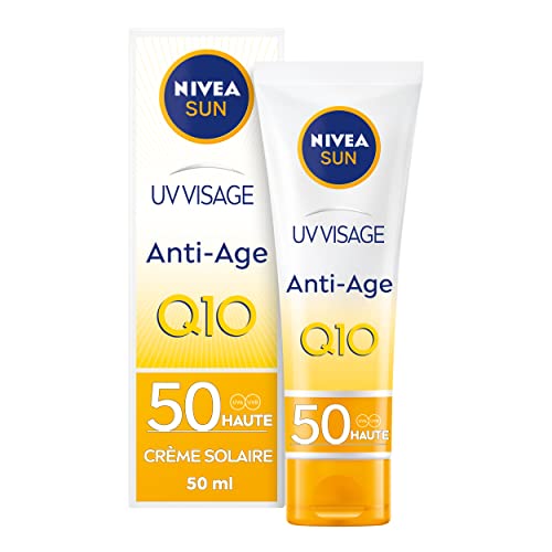 NIVEA SUN Crème UV Visage Anti-Âge Q10 FPS 50 - Protection Solaire UVA/UVB & Lumière Bleue - Prévient Le Vieillissement Cutané - 50 ml