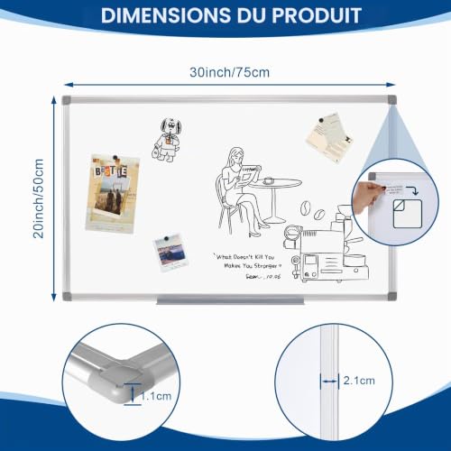 SWANCROWN Tableau Blanc Magnétique Mural 76x51cm - Cadre Aluminium, Effaçable, Horizontal/Vertical pour Bureau et Maison