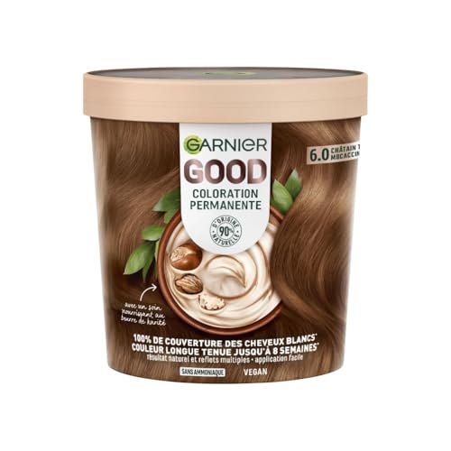 Garnier GOOD Coloration Permanente Sans Ammoniaque Châtain Très Clair Mocaccino 6.0 - 90% Ingrédients Naturels, Vegan, Beurre de Karité