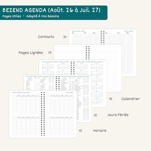 Agenda Scolaire A5 BEZEND 2026-2027 : Planification Journalière, Mensuelle et Annuelle avec Spirale et Couverture Florale