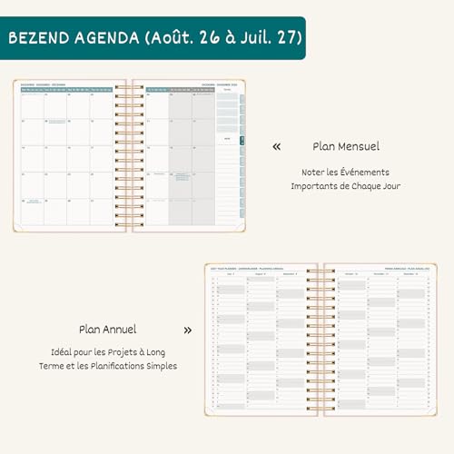 Agenda Scolaire A5 BEZEND 2026-2027 : Planification Journalière, Mensuelle et Annuelle avec Spirale et Couverture Florale