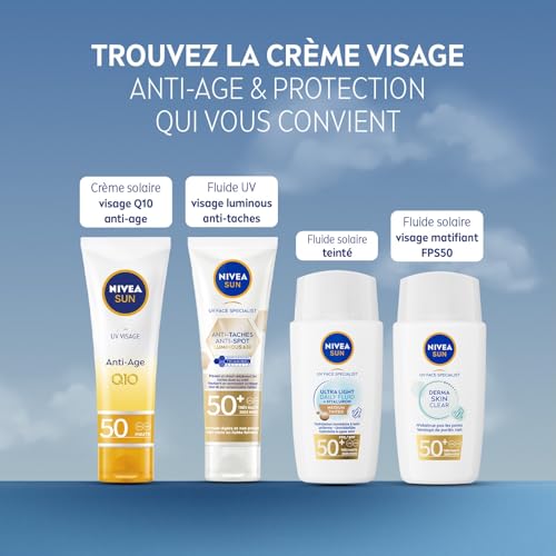 NIVEA SUN Crème UV Visage Anti-Âge Q10 FPS 50 - Protection Solaire UVA/UVB & Lumière Bleue - Prévient Le Vieillissement Cutané - 50 ml