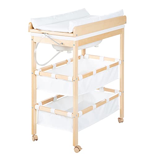 Roba Table à Langer Baignoire 2-en-1 Baby Pool avec Matelas Imperméable et Compartiments - Bois Naturel