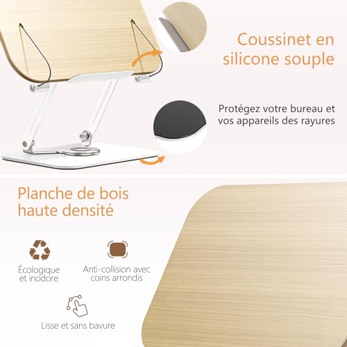 Support de Livre en Bois Réglable avec Rotation 360° - Idéal pour Recettes, iPad, Tablette et Documents