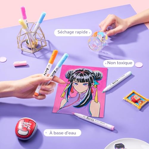 Arrtx Lot de 60 Marqueurs Peinture Acrylique Imperméables Pointe Pinceau pour Pierre, Verre, Bois, Toile - Couleurs Vives pour DIY
