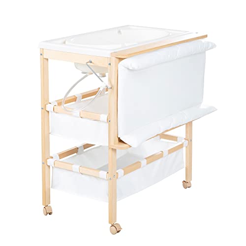 Roba Table à Langer Baignoire 2-en-1 Baby Pool avec Matelas Imperméable et Compartiments - Bois Naturel