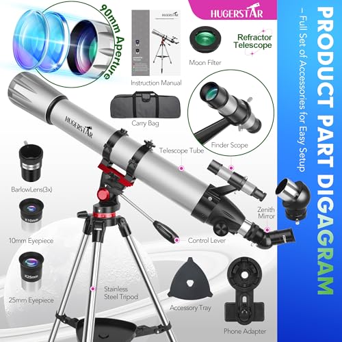 Télescope Astronomique Professionnel 90mm 900mm Réfracteur Portable avec Trépied et Adaptateur Smartphone pour Enfants et Débutants