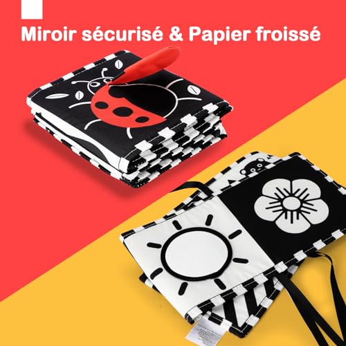 URMYWO Livre Tissu Bébé Montessori 0-12 Mois - Livre Sensoriel Noir et Blanc Éveil Visuel et Motricité
