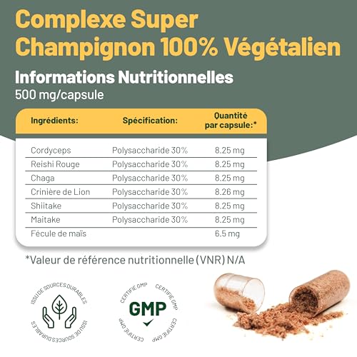 Suppléments Champignons 6 en 1 : Reishi, Lion's Mane, Cordyceps, Chaga, Shiitake, Maitake - 120 Capsules Végétales