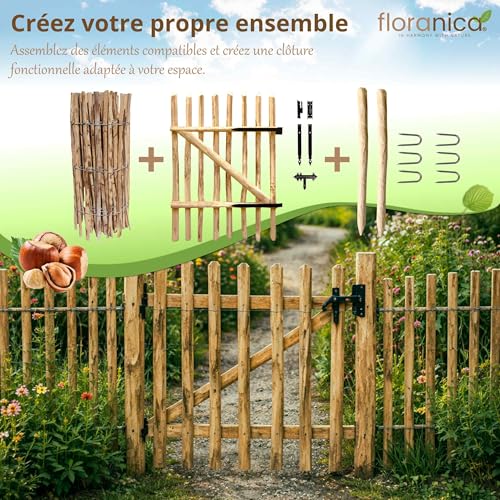 Floranica Portillon Rustique en Noisetier - 50 cm x 100 cm - Prêt à Poser pour Clôtures et Jardins