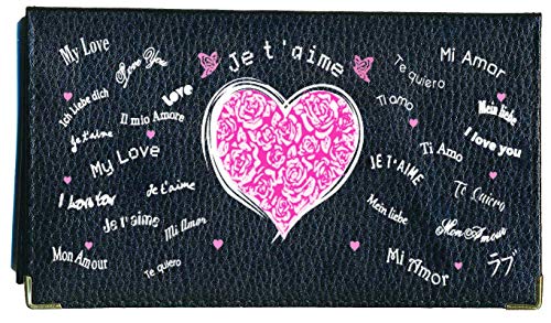 Syl'la Amour Fleur Rose - Porte-Chéquier Élégant en Cuir de Vachette Noir pour Femme