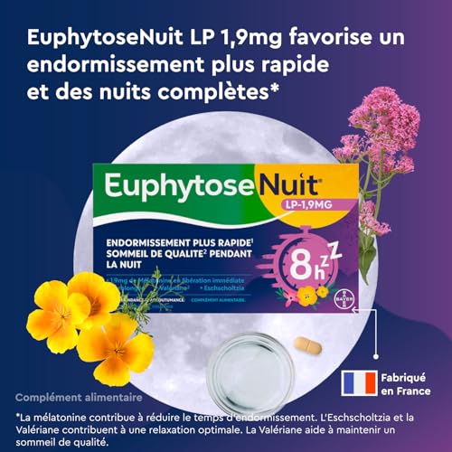 Euphytose Nuit LP Mélatonine 1,9 mg - Complément Alimentaire Sommeil Adulte - Favorise l'Endormissement et la Qualité du Sommeil - Libération Prolongée 8H - Valériane - 45 Nuits