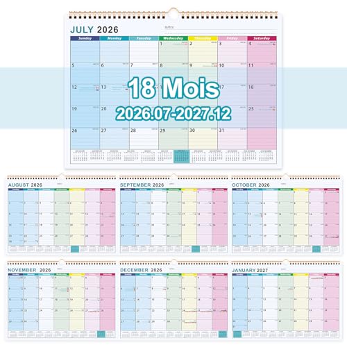 Calendrier Familial Mural A4 2026-2027 : Organiseur Mensuel avec Bobine et Autocollants de Planification