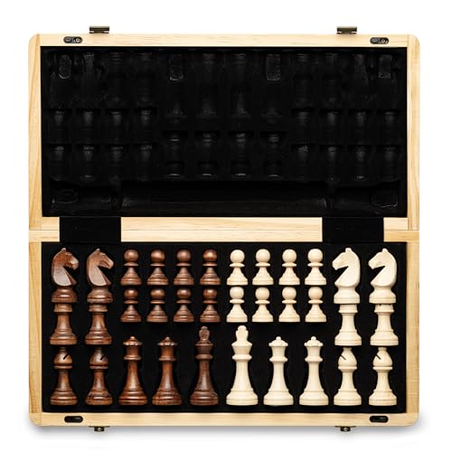Jeu d'échecs magnétique pliable en bois A&A - 38,1 cm, pièces Staunton 7,6 cm, boîte en pin avec incrustation noyer/érable