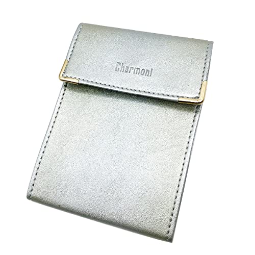 Charmoni - Étui Long Porte-Chéquier en Cuir Vachette Argenté - Compact et Pliant avec 3 Emplacements Cartes