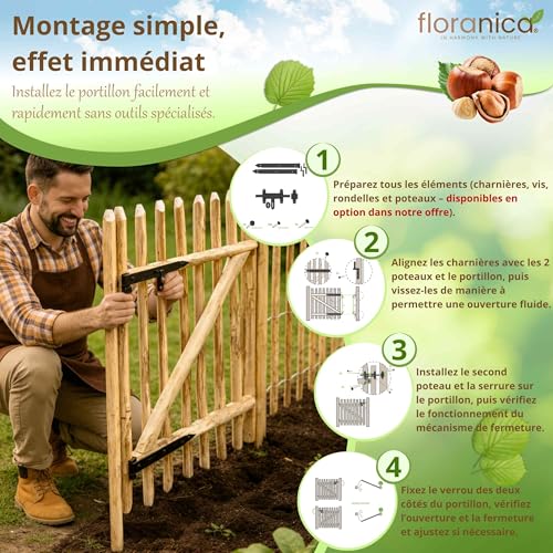 Floranica Portillon Rustique en Noisetier - 50 cm x 100 cm - Prêt à Poser pour Clôtures et Jardins