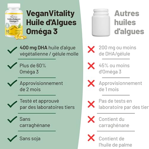 Omega 3 Vegan : Huile d'algues haute concentration DHA (400mg/capsule) - 60 capsules pour 2 mois - Alternative végétale au foie de morue