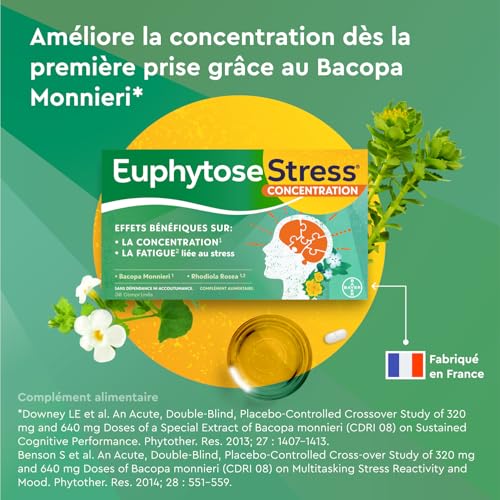 Euphytose Stress Concentration - Complément alimentaire aux plantes adaptogènes pour le mental - 3 mois