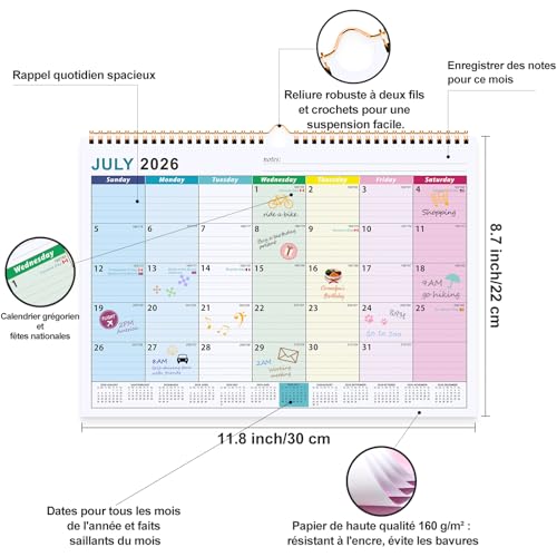 Calendrier Familial Mural A4 2026-2027 : Organiseur Mensuel avec Bobine et Autocollants de Planification
