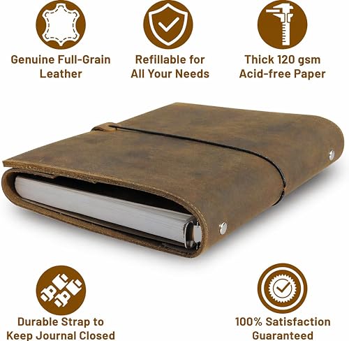 Classeur Agenda A5 en Cuir Véritable - Journal Rechargeable 6 Anneaux avec Poches, Style Filofax, Idéal pour Professionnels et Créatifs