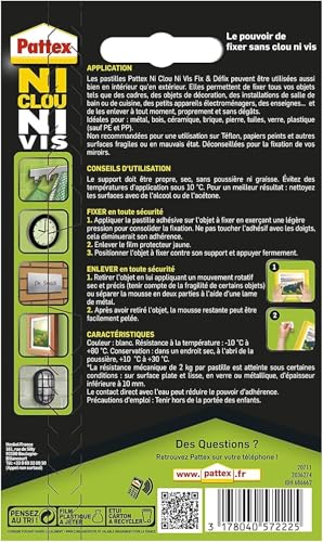 Pattex Ni Clou Ni Vis Fix & Défix : Pastilles adhésives puissantes et repositionnables pour toutes surfaces