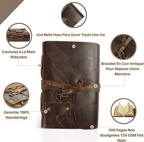Journal en Cuir Vintage Wanderings 13x18 cm - Carnet Relié Main à Pages Irrégulières