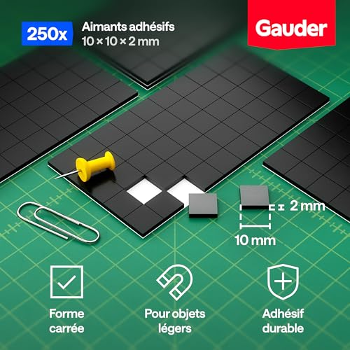 GAUDER Aimants Adhésifs Carrés - 250 Petits Aimants Autocollants pour Notes, Photos et Projets Créatifs - 10 x 10 x 2 mm