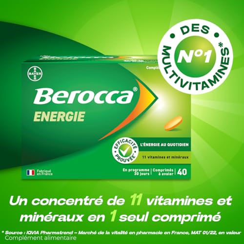 Berocca® Energie - Complément Alimentaire Multivitamines et Minéraux - Aide à Réduire la Fatigue - Vitamines B, C, Zinc, Magnésium - 2x40 Comprimés
