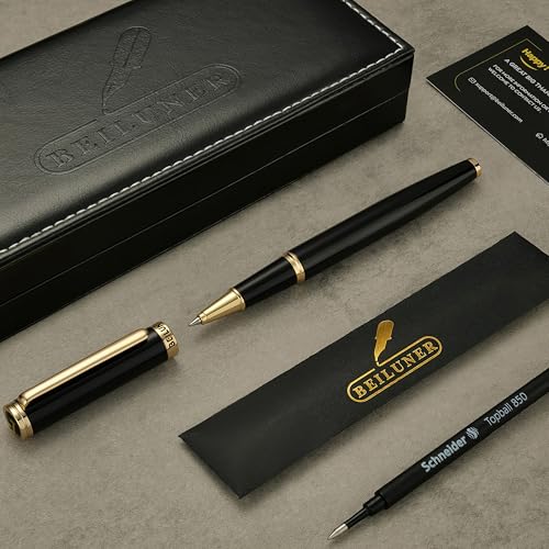 BEILUNER Stylo Bille Luxe Or 24K - Design Noble et Élégant, Recharge Schneider, Coffret Cadeau Hommes/Femmes, Stylo Professionnel pour le Bureau (Noir & Or)
