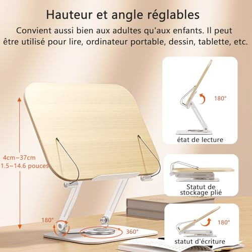Support de Livre en Bois Réglable avec Rotation 360° - Idéal pour Recettes, iPad, Tablette et Documents