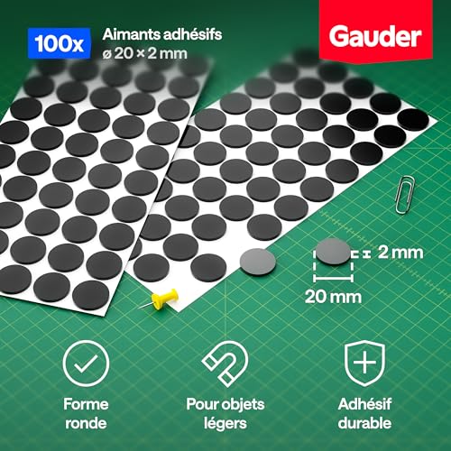 GAUDER Aimants Adhésifs Ronds - Disques Magnétiques Autocollants pour Photos, Cartes et DIY - Lot de 100 (20 x 2 mm)