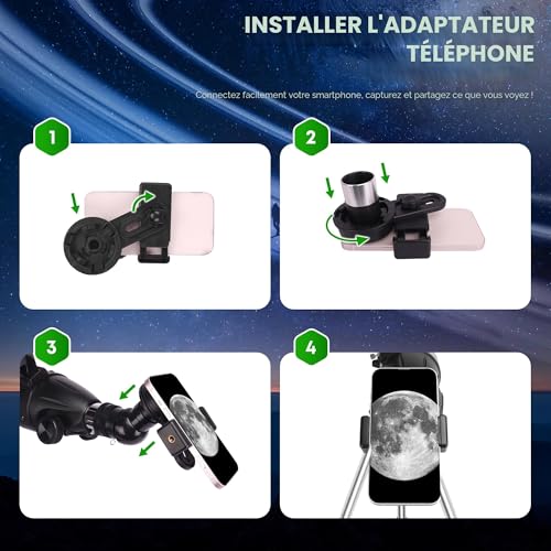 Télescope Astronomique Professionnel 90mm 900mm Réfracteur Portable avec Trépied et Adaptateur Smartphone pour Enfants et Débutants