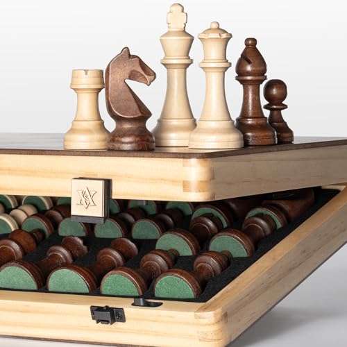 Jeu d'échecs magnétique pliable en bois A&A - 38,1 cm, pièces Staunton 7,6 cm, boîte en pin avec incrustation noyer/érable