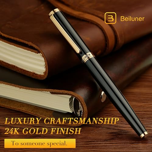 BEILUNER Stylo Bille Luxe Or 24K - Design Noble et Élégant, Recharge Schneider, Coffret Cadeau Hommes/Femmes, Stylo Professionnel pour le Bureau (Noir & Or)