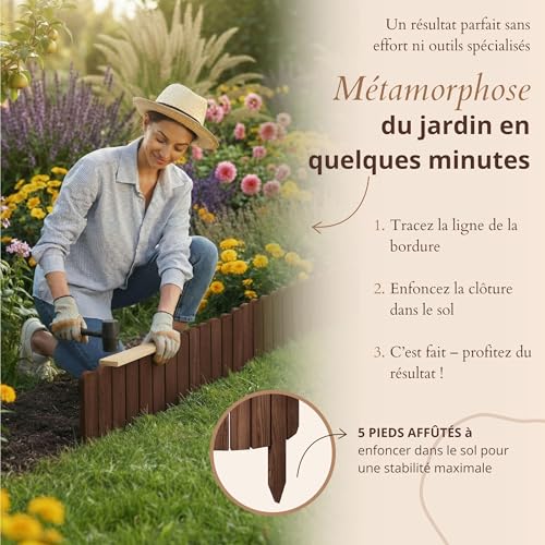 Floranica Bordure de Jardin Flexible en Bois Brun - 20 cm Hauteur, 200 cm Longueur