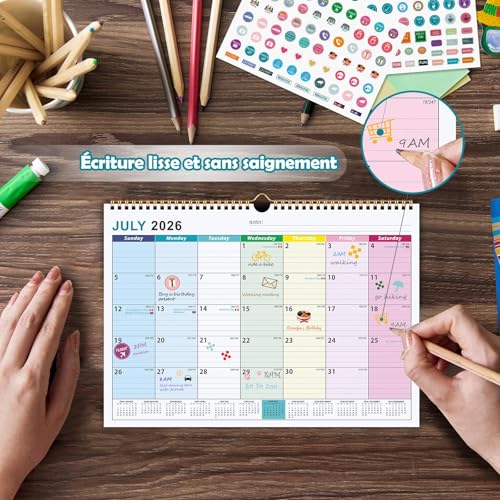 Calendrier Familial Mural A4 2026-2027 : Organiseur Mensuel avec Bobine et Autocollants de Planification