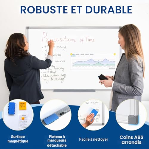 SWANCROWN Tableau Magnétique Blanc Effaçable 60x45 cm avec Cadre Aluminium - Idéal Bureau et École