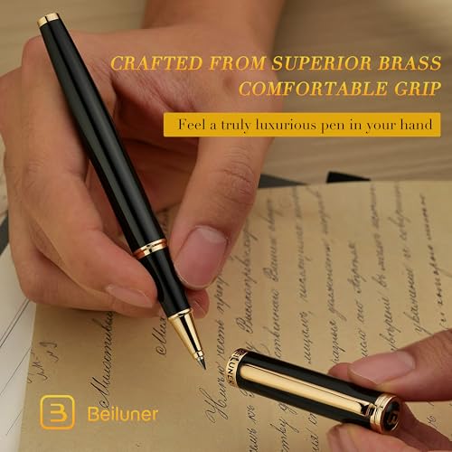 BEILUNER Stylo Bille Luxe Or 24K - Design Noble et Élégant, Recharge Schneider, Coffret Cadeau Hommes/Femmes, Stylo Professionnel pour le Bureau (Noir & Or)