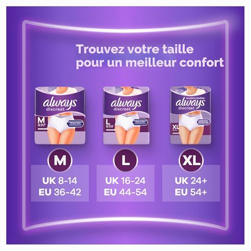 Always Discreet Culottes Incontinence Femme Taille L - 32 Unités + 6 Offertes - Protection Très Absorbante pour Fuites Urinaires Importantes et Post-Accouchement