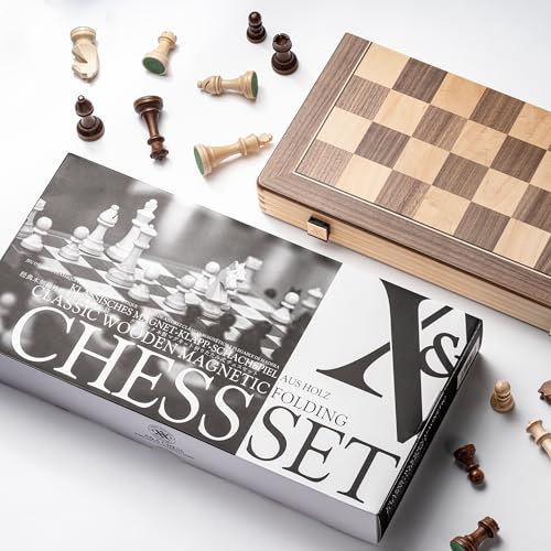 Jeu d'échecs magnétique pliable en bois A&A - 38,1 cm, pièces Staunton 7,6 cm, boîte en pin avec incrustation noyer/érable