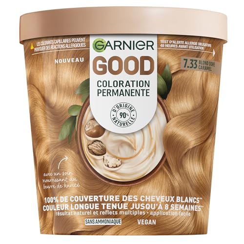 Garnier GOOD Blond Doré Caramel 7.33 - Coloration Permanente Sans Ammoniaque, 90% d'Ingrédients Naturels, Beurre de Karité, 100% Couverture Cheveux Blancs